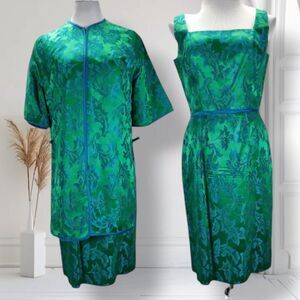 Vintage 60s Lilli Diamond Cocktail Jacket Dress Size M Green Brocade Asian Inspo